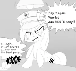 Size: 1764x1648 | Tagged: angry, artist:randy, bam, best pony, black and white, derpibooru import, glass, grayscale, hat, heart, interrogation, lamp, monochrome, nazi, oc, oc:aryanne, outline, safe, solo, stuttering, swastika, table, table smash, unofficial characters only