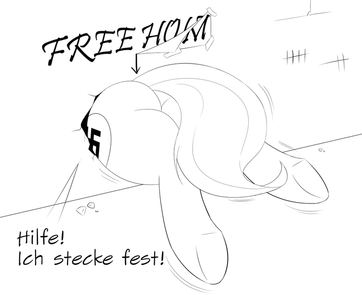 Size: 1756x1433 | Tagged: artist:randy, ass, black and white, butt, buttstuck, derpibooru import, german, grayscale, heart, helpless, hole, monochrome, nazi, oc, oc:aryanne, outline, questionable, solo, stuck, swastika, through wall, underhoof, unofficial characters only, wall, wiggle