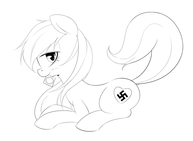 Size: 1742x1277 | Tagged: artist:randy, bedroom eyes, black and white, blushing, condom, derpibooru import, dock, grayscale, heart, lineart, looking at you, monochrome, mouth hold, nazi, oc, oc:aryanne, outline, profile, prone, raised tail, smiling, solo, suggestive, swastika, unofficial characters only