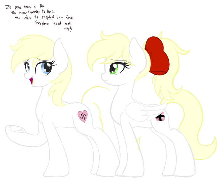 Size: 1500x1250 | Tagged: questionable, artist:lemon, derpibooru import, oc, oc:aryanne, oc:kyrie, unofficial characters only, earth pony, pegasus, pony, aryan, aryan pony, balkenkreuz, blonde, bow, dialogue, female, german, hair bow, nazi, nazipone, raised hoof, simple background, swastika, text, walking, white background, wip