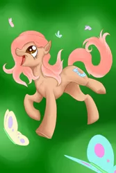 Size: 900x1350 | Tagged: safe, artist:tzelly-el, derpibooru import, oc, oc:sweet potato, unofficial characters only, butterfly, earth pony, female, mare, offspring, parent:big macintosh, parent:fluttershy, parents:fluttermac, solo