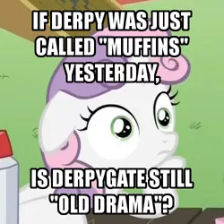 Size: 500x500 | Tagged: derpibooru import, derpygate, derpy hooves, drama, drama bait, exploitable meme, image macro, meme, safe, sudden clarity sweetie belle, sweetie belle, text, useless source url