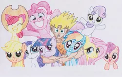 Size: 1129x707 | Tagged: apple bloom, applejack, artist:gonin2, cutie mark crusaders, derpibooru import, dragon ball z, fluttershy, goten, mane six, pinkie pie, rainbow dash, rarity, safe, scootaloo, super saiyan, sweetie belle, traditional art, twilight sparkle