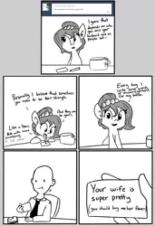 Size: 1546x2264 | Tagged: safe, artist:tjpones, derpibooru import, oc, oc:brownie bun, oc:richard, unofficial characters only, human, horse wife, :t, comic, monochrome, mouth hold, sandwich, smiling, tumblr