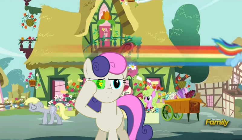 Size: 1214x703 | Tagged: safe, artist:jinroh, derpibooru import, edit, edited screencap, screencap, bon bon, daisy, derpy hooves, flower wishes, lily, lily valley, rainbow dash, roseluck, sweetie drops, bugbear, pegasus, pony, slice of life (episode), dragon ball z, female, mare, ponyville, scouter, secret agent sweetie drops