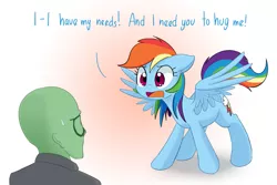 Size: 1275x850 | Tagged: safe, artist:adequality, artist:mcsadat, derpibooru import, rainbow dash, oc, oc:anon, human, pegasus, pony, bronybait, cute, dashabetes, demands, dialogue, female, floppy ears, hug, hug request, human male, male, mare, needy, open mouth, spread wings, sweatdrop