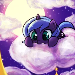 Size: 750x750 | Tagged: safe, artist:lumineko, derpibooru import, princess luna, pony, cloud, cloudy, cute, female, filly, looking down, lunabetes, moon, night, nom, prone, smiling, solo, weapons-grade cute, woona, younger