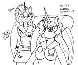 Size: 592x500 | Tagged: anthro, artist:rdk, derpibooru import, monochrome, princess celestia, princess luna, safe, to the moon