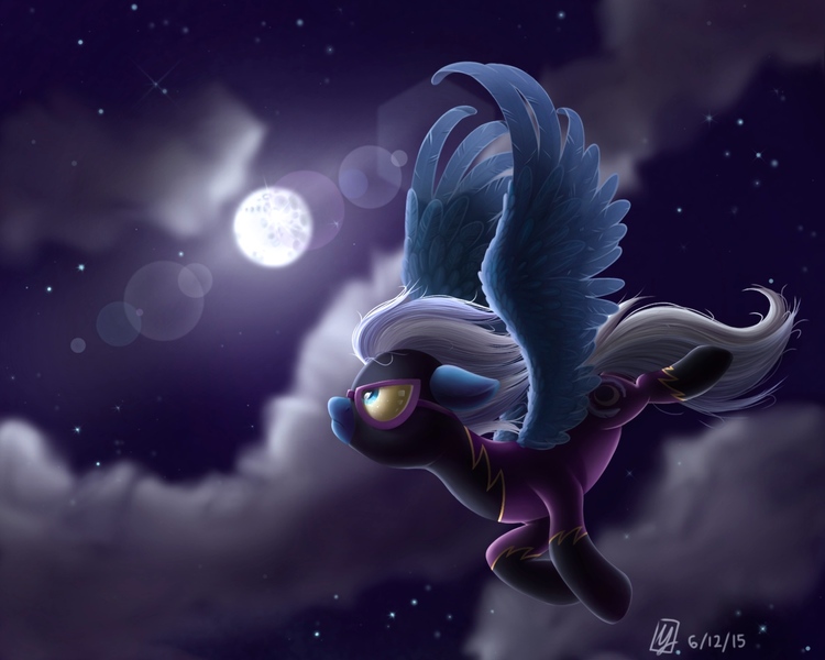 Size: 1650x1320 | Tagged: dead source, safe, artist:spacechickennerd, derpibooru import, night glider, pegasus, pony, clothes, cloud, cloudy, female, floppy ears, flying, frown, glare, goggles, lens flare, looking up, mare, mare in the moon, moon, night, shadowbolts, shadowbolts costume, sky, solo, spread wings