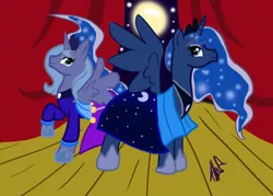 Size: 900x646 | Tagged: artist:nazorthegreater, clothes, derpibooru import, dress, duality, gala dress, princess luna, s1 luna, safe, self ponidox, spread wings, the fun has been doubled