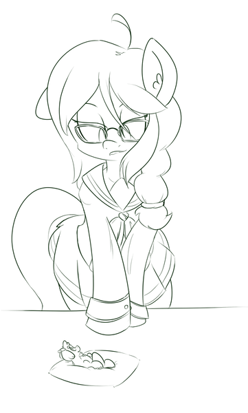 Size: 1156x1920 | Tagged: suggestive, artist:mrrowboat, derpibooru import, oc, oc:goatmod, oc:sequoia, unofficial characters only, pony, clothes, giant pony, glasses, lip bite, macro, monochrome, pillow, school uniform, wide hips