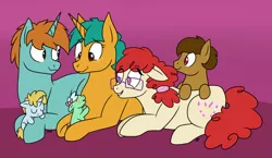 Size: 1024x593 | Tagged: safe, artist:quincydragon, derpibooru import, snails, snips, twist, earth pony, pony, unicorn, bisexual, crying, female, gay, glitter shell, magical gay spawn, male, mare, offspring, older, older snails, older snips, older twist, polyamory, polygamy, purple background, shipping, simple background, snailstwist, snaps, snipstwist, stallion, straight, tears of joy, teary eyes, transgender