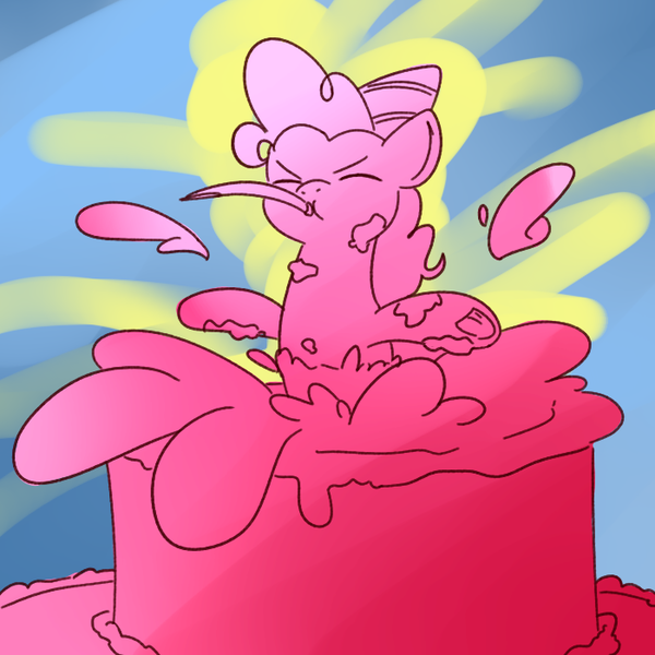 Size: 700x700 | Tagged: artist:goat train, birthday, birthday cake, cake, derpibooru import, eyes closed, hat, limited palette, party, party hat, party horn, pinkie pie, pop out cake, safe, solo