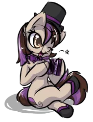 Size: 406x534 | Tagged: artist:sapphfyr, bowtie, card, derpibooru import, female, hat, oc, oc:bowtie, open mouth, safe, sitting, top hat, unofficial characters only, wink