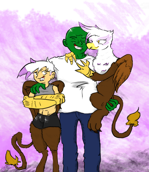 Size: 816x939 | Tagged: safe, artist:vinny, derpibooru import, gilda, oc, oc:alex, oc:anon, gryphon, human, satyr, anonymous, daughter, family, family photo, father, interspecies, mother, offspring, parent:gilda