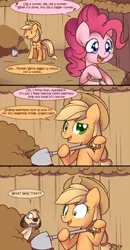 Size: 700x1350 | Tagged: applejack, artist:solar-slash, comic, crossover, derpibooru import, digging, disney, hoof hold, meerkat, open mouth, pinkie pie, safe, shovel, smiling, the lion king, timon, trench, wide eyes