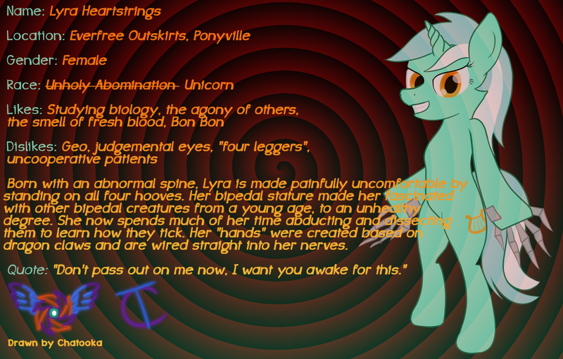 Size: 1782x1136 | Tagged: alternate universe, artist:chatooka, bio, biography, claws, derpibooru import, lyra heartstrings, safe, spiral