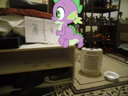Size: 639x478 | Tagged: artist:eli-j-brony, artist:exbibyte, bedroom, derpibooru import, drawing, humidifier, irl, lined paper, photo, ponies in real life, safe, shelf, solo, spike, toy, vector