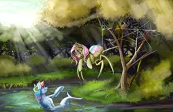 Size: 1500x971 | Tagged: alternate universe, artist:blindcoyote, comic:children of everfree, crepuscular rays, derpibooru import, drider, fluttershy, forest, looking at each other, monster pony, original species, pond, rainbow dash, river, safe, siren, sirendash, species swap, spiderpony, spidershy, water