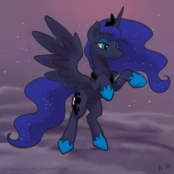 Size: 1500x1500 | Tagged: safe, artist:kp-shadowsquirrel, derpibooru import, princess luna, alicorn, pony, bedroom eyes, cloud, cloudy, female, frown, mare, rearing, sky, solo, spread wings