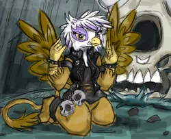 Size: 1024x833 | Tagged: safe, artist:flutterthrash, derpibooru import, gilda, anthro, gryphon, bracelet, breasts, busty gilda, female, image, kneeling, looking at you, metal, png, skull, solo, spiked wristband, spread wings, wings, wristband
