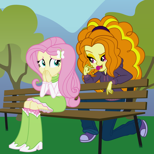 Size: 3289x3289 | Tagged: suggestive, artist:skycatcherequestria, derpibooru import, adagio dazzle, fluttershy, equestria girls, rainbow rocks, adagioshy, bench, fanfic art, female, flutterdagio, high res, lesbian, lollipop, outdoors, shipping, shyagio