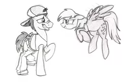 Size: 2926x1880 | Tagged: safe, artist:bibmob, derpibooru import, derpy hooves, doctor whooves, time turner, pony, testing testing 1-2-3, male, monochrome, rapper, sketch, stallion, traditional art