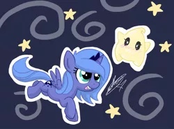 Size: 1280x949 | Tagged: safe, artist:velocityraptor, derpibooru import, princess luna, alicorn, pony, blushing, crossover, cute, filly, flying, luma, open mouth, simple background, smiling, starry eyes, stars, super mario bros., super mario galaxy, wingding eyes, woona