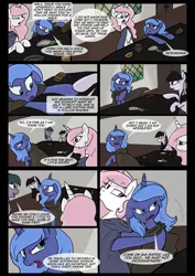 Size: 1240x1754 | Tagged: artist:lunarcakez, cloak, clothes, comic, comic:the origins of hollow shades, derpibooru import, filly, oc, oc:daydream, oc:june, pink-mane celestia, princess celestia, princess luna, safe, woona, younger