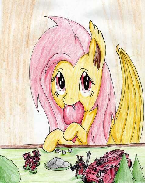 Size: 2376x2995 | Tagged: safe, artist:40kponyguy, derpibooru import, fluttershy, bat pony, pony, apple, assault cannon, blood angels, bolter, colored pencil drawing, dice, female, figurine, flutterbat, gaming miniature, looking at you, mare, miniature, plasma pistol, power sword, predator tank, solo, space marine, tank (vehicle), traditional art, twin-linked, warhammer (game), warhammer 40k