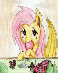 Size: 2376x2995 | Tagged: safe, artist:40kponyguy, derpibooru import, fluttershy, bat pony, pony, apple, assault cannon, blood angels, bolter, colored pencil drawing, dice, female, figurine, flutterbat, gaming miniature, looking at you, mare, miniature, plasma pistol, power sword, predator tank, solo, space marine, tank (vehicle), traditional art, twin-linked, warhammer (game), warhammer 40k