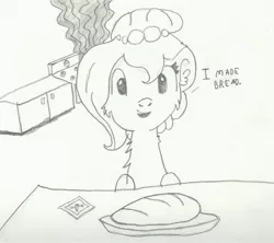 Size: 5292x4697 | Tagged: absurd resolution, artist:barryfrommars, bread, derpibooru import, milestone, monochrome, oc, oc:brownie bun, oven, oven mitt, pencil drawing, safe, sketch, smoke, solo, stove, table, traditional art, unofficial characters only