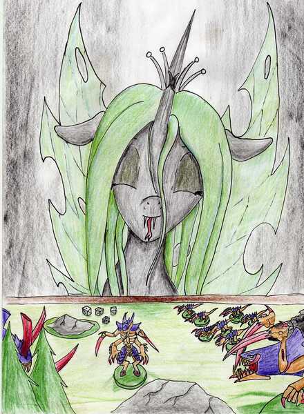 Size: 2460x3353 | Tagged: safe, artist:40kponyguy, derpibooru import, queen chrysalis, dice, eyes closed, figurine, forked tongue, gaming miniature, hormagaunt, miniature, scythed heirodule, solo, swarm lord, tongue out, traditional art, tyranid warrior, tyranids, warhammer (game), warhammer 40k