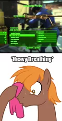 Size: 645x1254 | Tagged: safe, derpibooru import, oc, oc:calamity, unofficial characters only, pegasus, pony, fallout equestria, fanfic, fallout, fallout 4, fanfic art, gun, handkerchief, heavy breathing, male, meme, modified, rifle, solo, stallion, sweating towel guy, weapon, wings