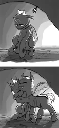 Size: 712x1544 | Tagged: artist:mistermech, changeling, cheer up, cuddlebug, cuddling, cute, cuteling, derpibooru import, drawfag, eyes closed, frown, grayscale, hug, monochrome, raised hoof, sad, safe, sitting, smiling, snuggling, wink