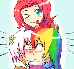 Size: 1200x1121 | Tagged: safe, artist:jumboz95, derpibooru import, gilda, pinkie pie, rainbow dash, human, accidental kiss, blushing, female, gildash, humanized, kissing, lesbian, now kiss, shipper on deck, shipping, tongue out