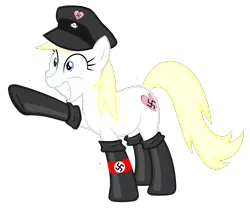 Size: 2575x2161 | Tagged: armband, artist:accu, blonde, boots, clothes, derpibooru import, female, fireproof boots, full body, happy, hat, heil, nazi, oc, oc:aryanne, safe, schutzstaffel, show accurate, simple background, skull, smiling, socks, solo, standing, stare, swastika, transparent background, unofficial characters only, vector, we are going to heil