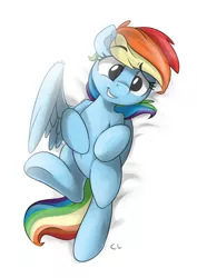 Size: 4961x7016 | Tagged: safe, artist:candylux, derpibooru import, rainbow dash, pegasus, pony, absurd resolution, belly button, bellyrubs, cute, dashabetes, female, fluffy, grin, looking at you, lying down, mare, on back, raised eyebrow, smiling, solo, underhoof