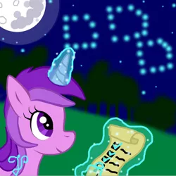 Size: 540x541 | Tagged: safe, artist:purpleloverpony, derpibooru import, amethyst star, pony, unicorn, female, fireworks, magic, mare, moon, smiling, solo, telekinesis