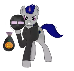Size: 912x876 | Tagged: safe, artist:jxwizz, derpibooru import, oc, oc:ludvic, unofficial characters only, enderman, pony, unicorn, candy, clothes, cutie mark, earring, gray, halloween, hoodie, jacket, ludvic, magic, male, minecraft, my little pony, piercing, purple eyes, stallion