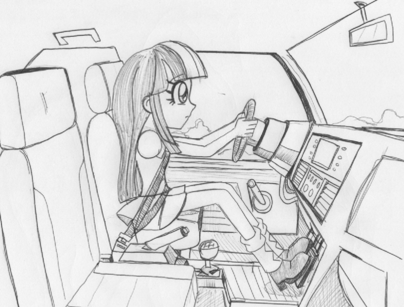 Size: 811x617 | Tagged: safe, artist:manicsam, derpibooru import, twilight sparkle, twilight sparkle (alicorn), equestria girls, car, car interior, driving, grayscale, monochrome, pedal, pencil drawing, seatbelt, solo, traditional art