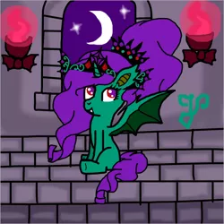 Size: 542x542 | Tagged: safe, artist:purpleloverpony, derpibooru import, oc, oc:midnight charmer, unofficial characters only, alicorn, bat pony, bat pony alicorn, pony, alicorn oc, blank flank, moon, sitting, smiling, solo, spread wings, wings