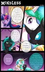 Size: 1500x2390 | Tagged: safe, artist:vavacung, derpibooru import, princess cadance, princess celestia, queen chrysalis, twilight sparkle, twilight sparkle (alicorn), oc, alicorn, changeling, pony, comic:to love alicorn, comic, female, mare