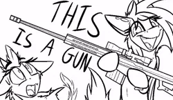 Size: 540x313 | Tagged: safe, artist:ralek, derpibooru import, oc, oc:sapphire sights, unofficial characters only, pegasus, pony, fallout equestria, barrett m82, black and white, female, grayscale, gun, hooves, m107, mare, monochrome, open mouth, optical sight, pipbuck, rifle, simple background, sniper rifle, weapon, white background, wings