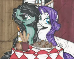 Size: 1205x969 | Tagged: safe, artist:ponygoddess, derpibooru import, rarity, oc, oc:sappho, bedroom eyes, canon x oc, eating, female, lady and the tramp, lesbian, ponies eating meat, shipping, smiling, spaghetti, spaghetti scene, :t, traditional art, watermark