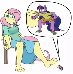 Size: 1261x1280 | Tagged: anthro, artist:silverscarf, barefoot, derpibooru import, feet, fluttershy, foot fetish, foot tapping, giantess, micro, plantigrade anthro, safe, tapping, twilight sparkle, unaware