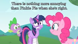 Size: 1280x720 | Tagged: safe, derpibooru import, edit, edited screencap, screencap, pinkie pie, spike, twilight sparkle, dragon, earth pony, pony, unicorn, feeling pinkie keen, angry, annoyed, babylon 5, bandage, bruised, female, image macro, injured, male, mare, meme, messy mane, quote, susan ivanova, trio, unicorn twilight