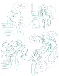 Size: 1280x1627 | Tagged: safe, artist:palolabg, derpibooru import, rarity, twilight sparkle, twilight sparkle (alicorn), alicorn, pony, fanfic:the enchanted library, book, comic, female, mare, nerd, ocd, sketch