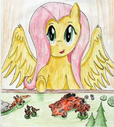 Size: 2466x2753 | Tagged: artist:40kponyguy, derpibooru import, dice, fire warrior, fluttershy, hammerhead, looking at you, remora drone fighter, safe, solo, tau, tau empire, traditional art, underhoof, warhammer 40k, warhammer (game), xv8 crisis battlesuit