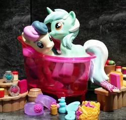 Size: 1024x975 | Tagged: safe, artist:pixelkitties, derpibooru import, bon bon, lyra heartstrings, sweetie drops, bath, bathtub, best friends, female, funko, implied lesbian, irl, lesbian, lyrabon, photo, shipping, toy